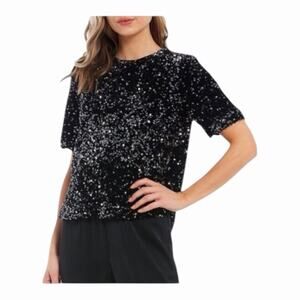 Alex Marie NWT Lia Sequined Crew Neck Short Sleeve Stretch Velvet Black Bls MD